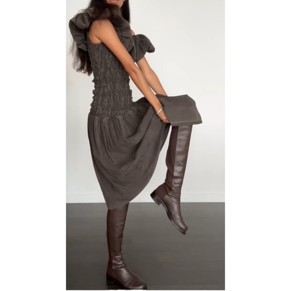 NWT Sea New York Juni Garment Dye Brown Smocked Bodice Off Shoulder Midi Dress - Picture 7 of 15